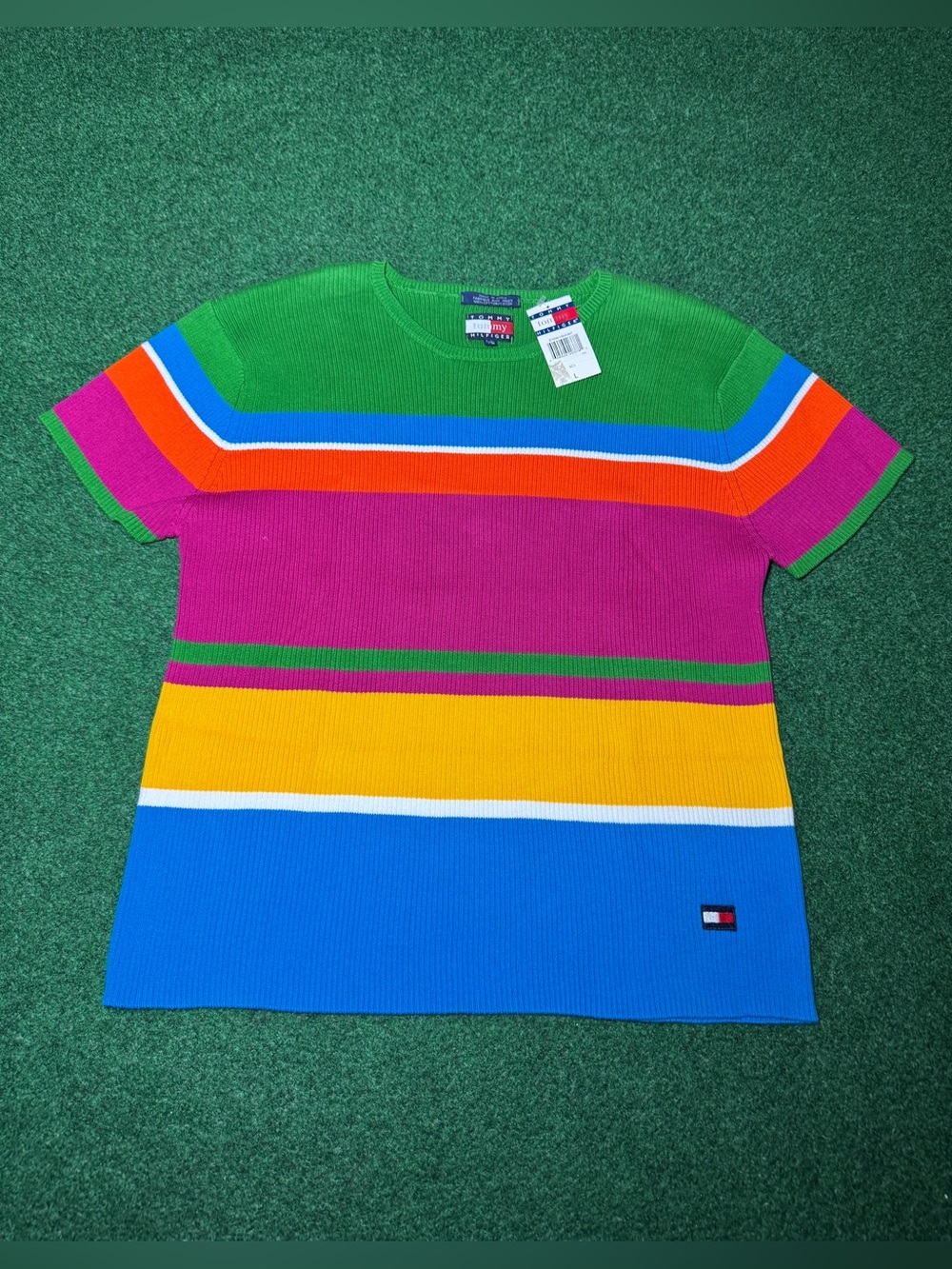 Tommy Hilfiger Vintage Striped Sweater Short Sleeve 90s NWT Petite Large 17x23